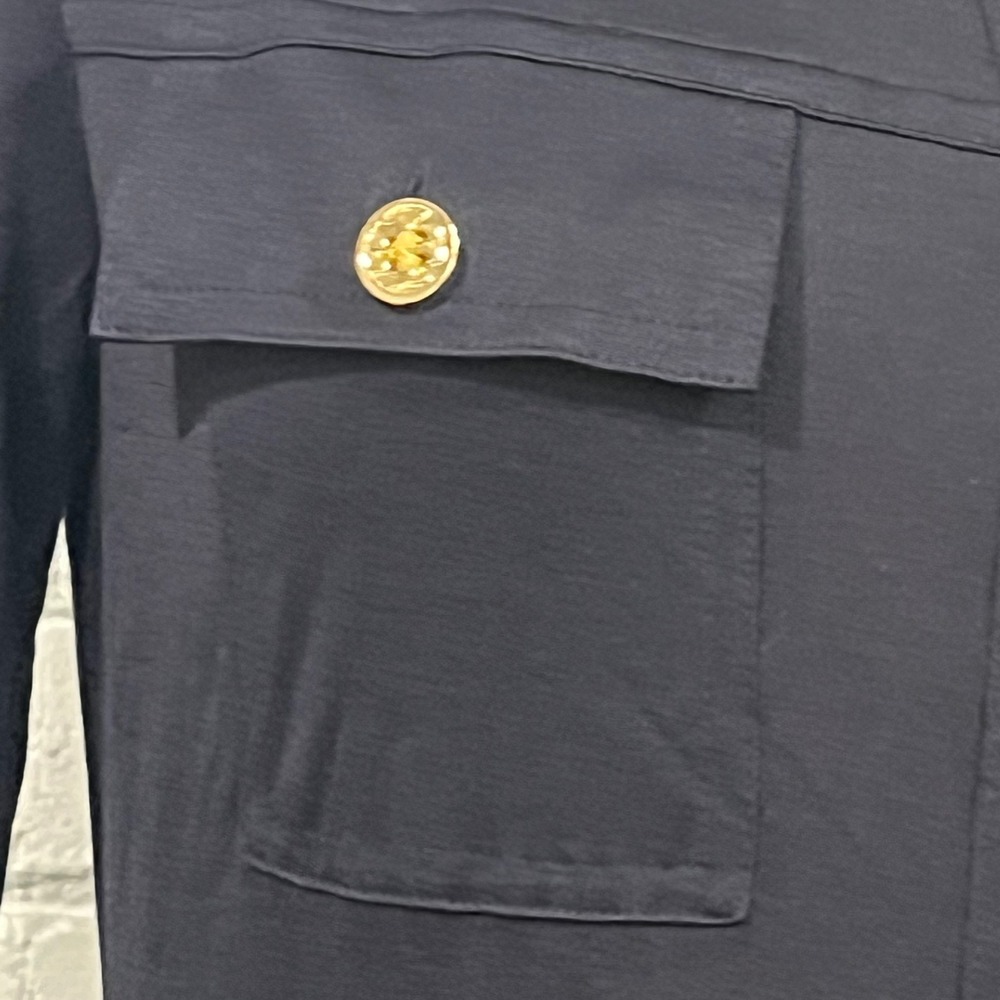 Tory Burch Navy Jersey Long Sleeve Shirt Dress Gold Logo Button Belted Preppy M - Picture 2 of 10